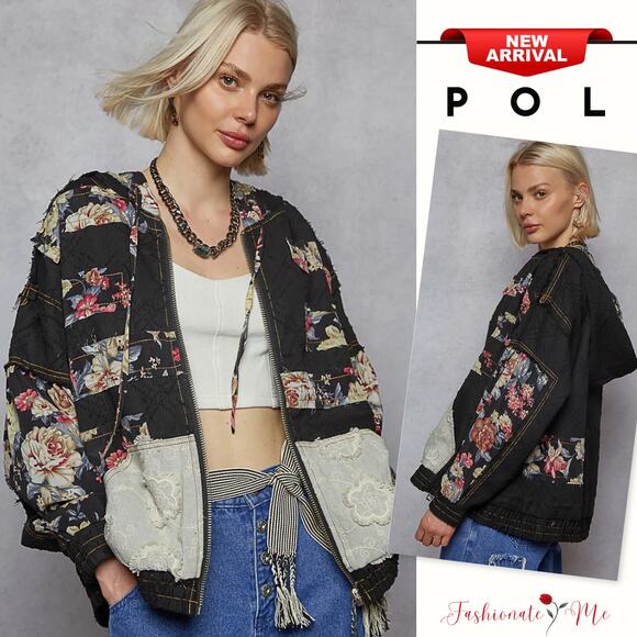 POL Zip Up Closure Floral & Lace Patch Oversize Black Washed Hooded Denim Jacket - Picture 1 of 6